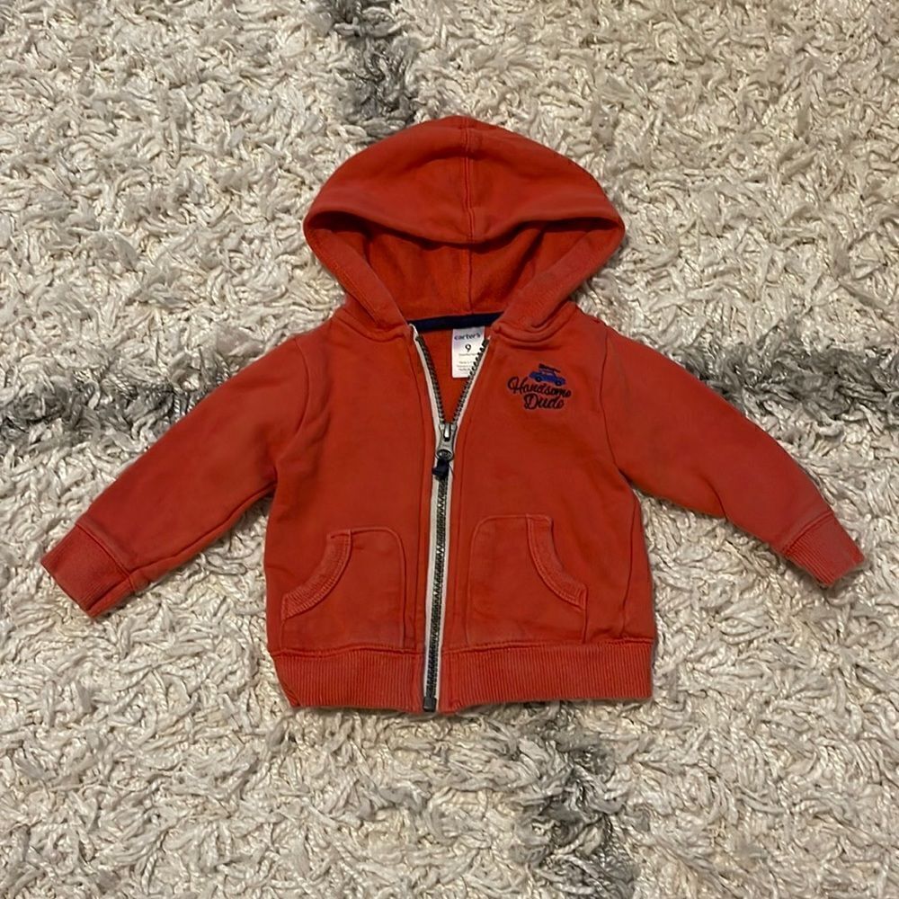 Carters Red Zip Up Hoodie “Handsome Dude” 9 months